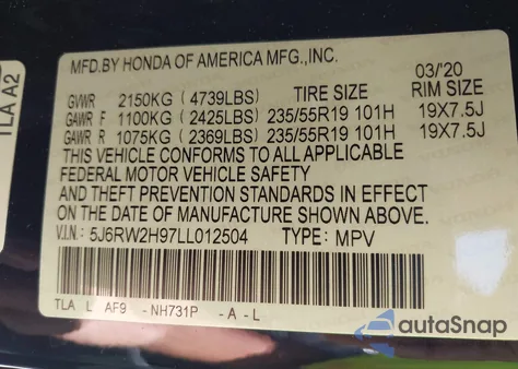 2020 Honda Cr-V Awd Touring from USA, damaged, VIN 5J6RW2H97LL012504